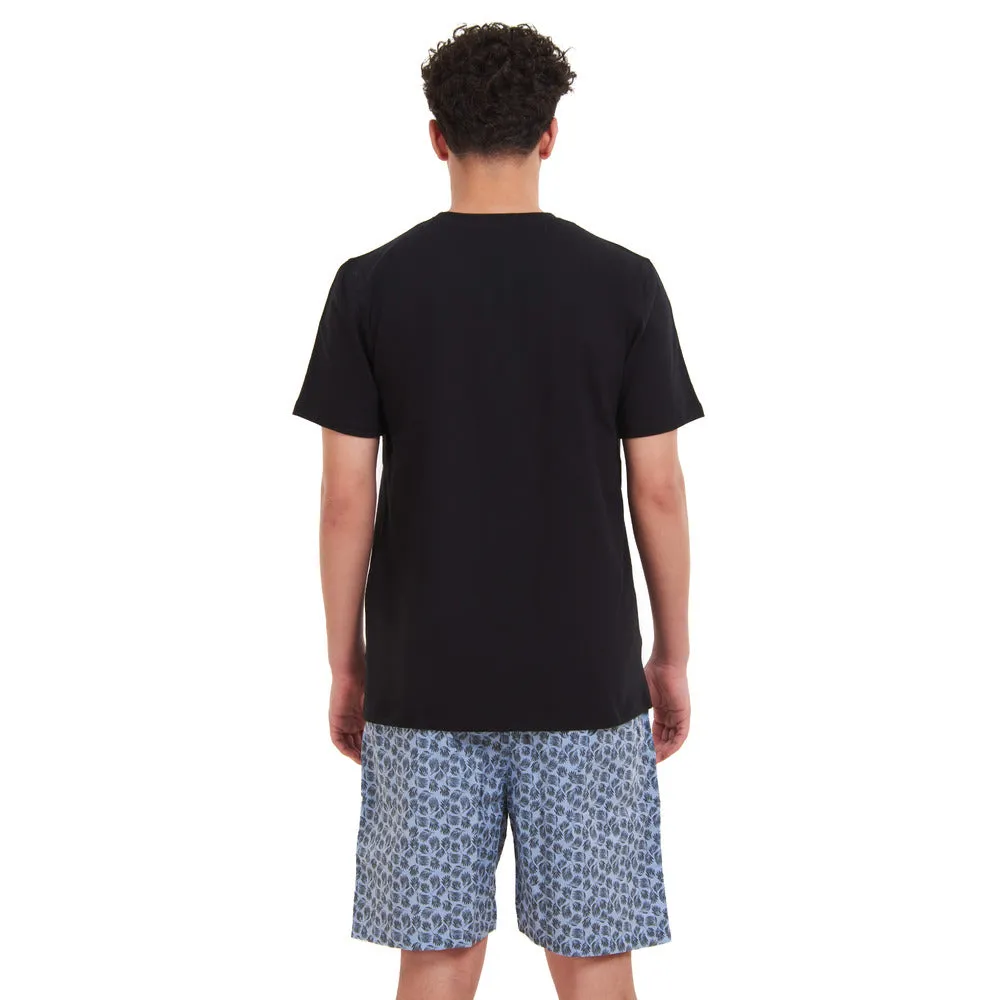 Men summer pajama set Black T-shirt   Black leaves short