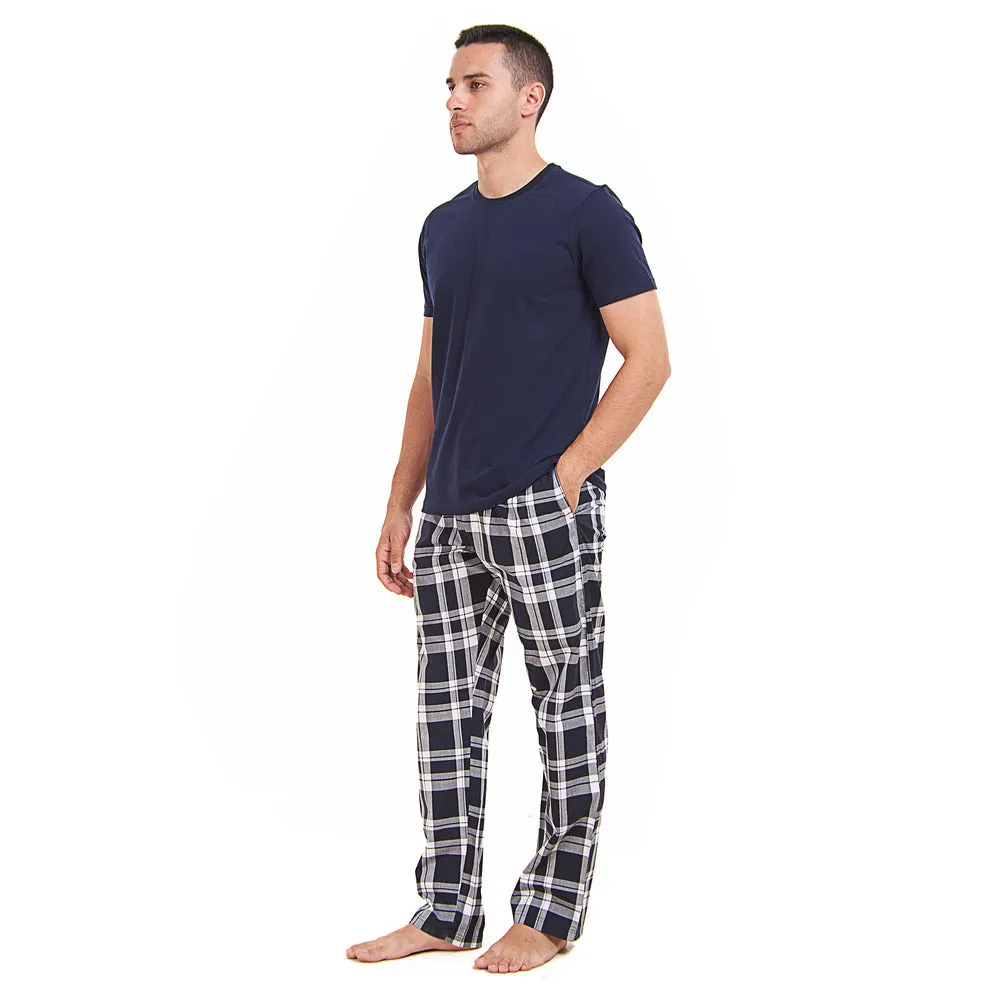 Men summer pajama set Dark Blue T-shirt   Dark Blue x White Checkered Pants