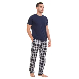 Men summer pajama set Dark Blue T-shirt   Dark Blue x White Checkered Pants