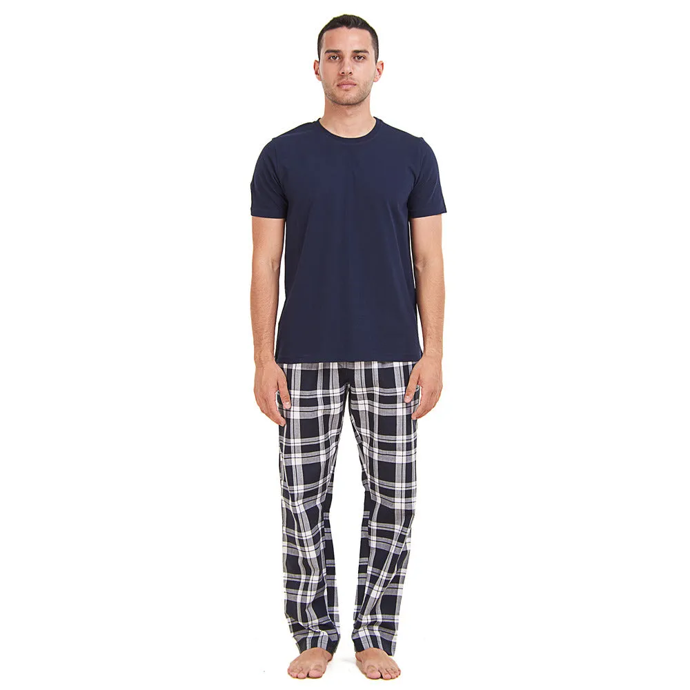 Men summer pajama set Dark Blue T-shirt   Dark Blue x White Checkered Pants