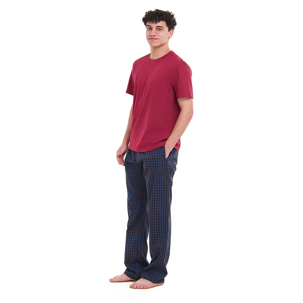 Men summer pajama set Dark Red T-shirt  Blue x Black checkered Pants