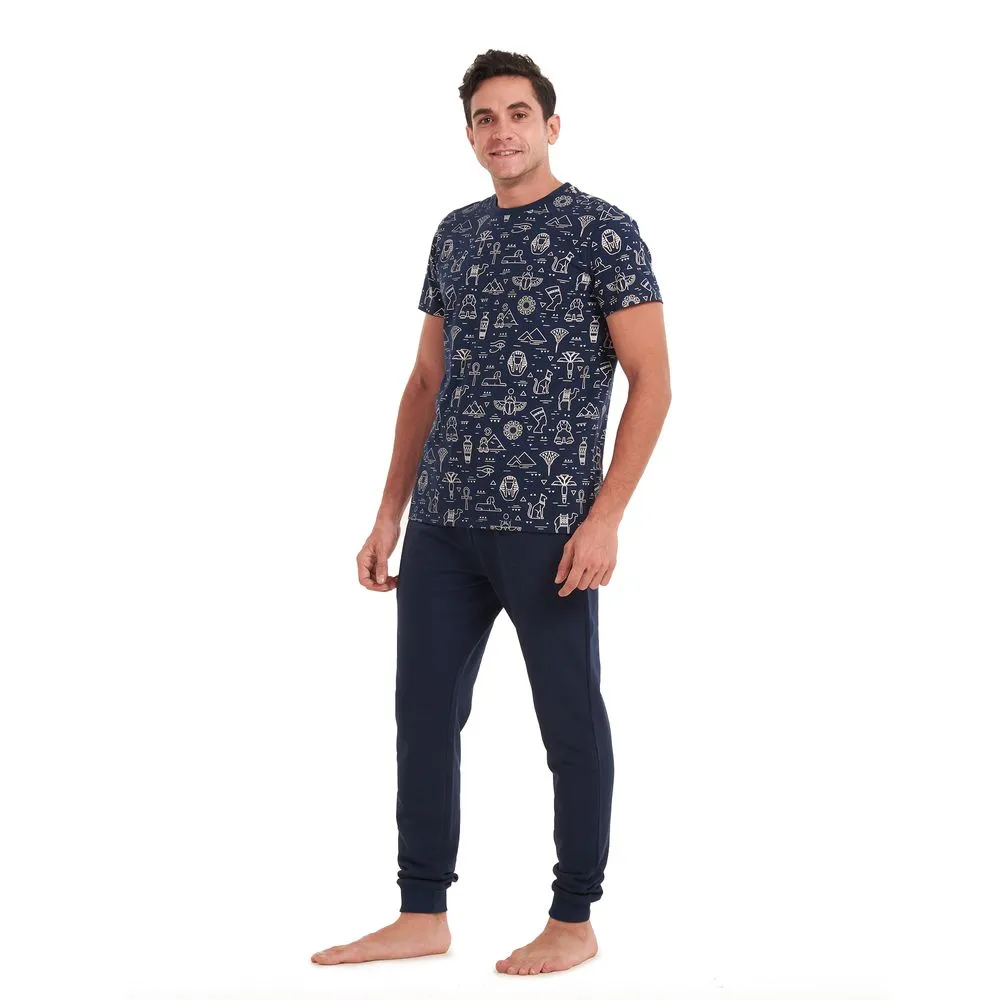 Men summer pajama set Pharaohs T-shirt  Dark blue pants