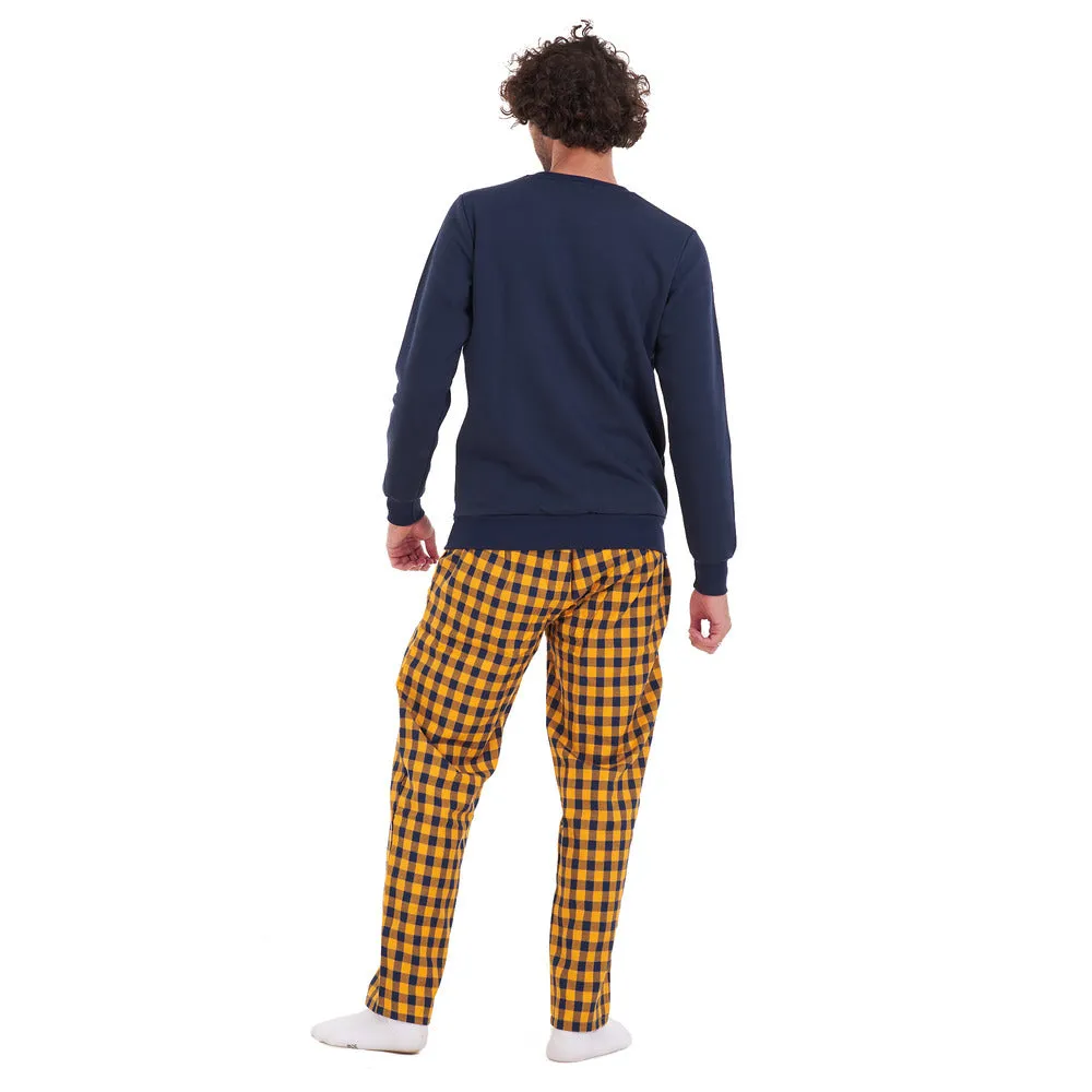 Men Winter Pajama Set Dark Blue Shirt   Dark blue x yellow Checkered Pants