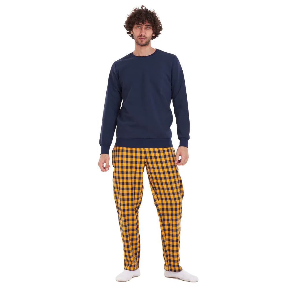 Men Winter Pajama Set Dark Blue Shirt   Dark blue x yellow Checkered Pants