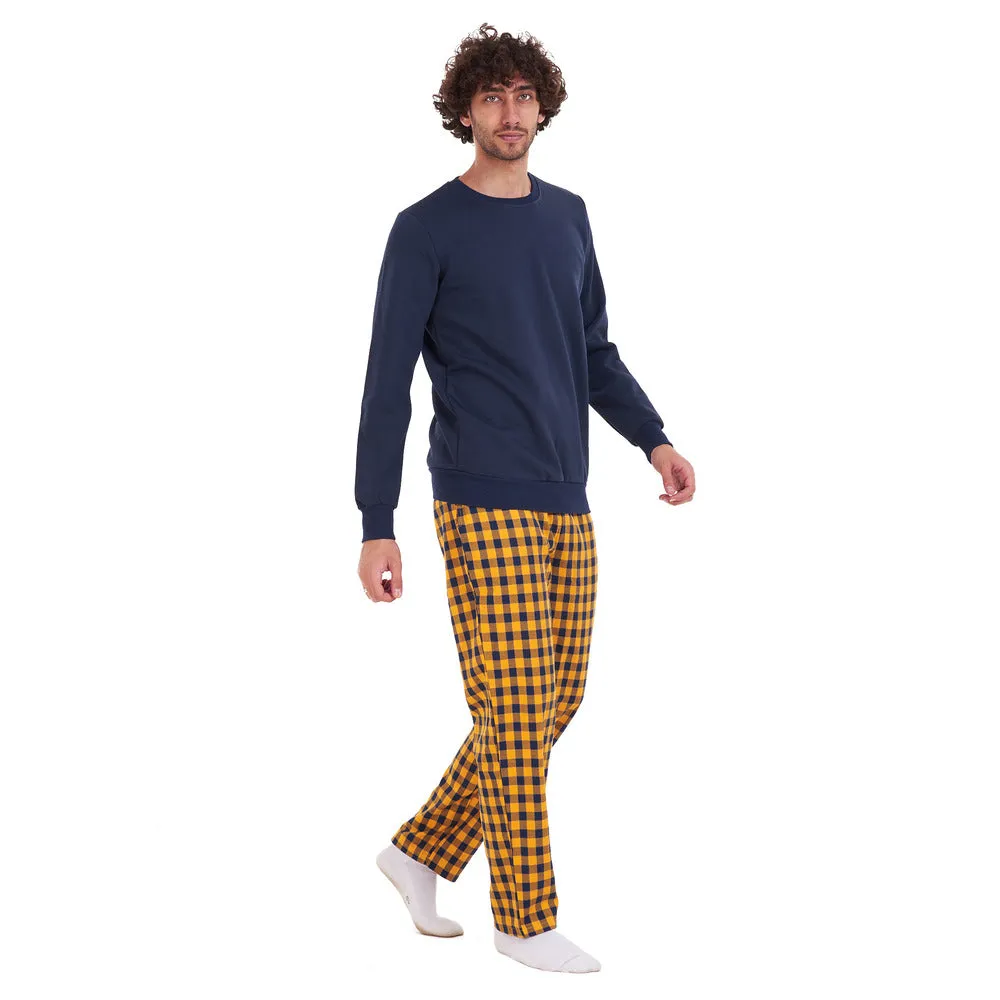 Men Winter Pajama Set Dark Blue Shirt   Dark blue x yellow Checkered Pants