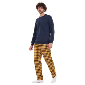 Men Winter Pajama Set Dark Blue Shirt   Dark blue x yellow Checkered Pants