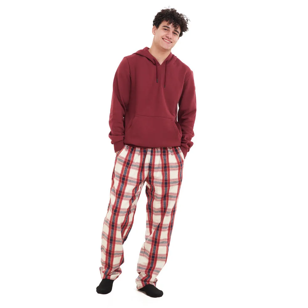 Men Winter Pajama Set Dark Red Hoodie   Dark Red x White Checkered Pants