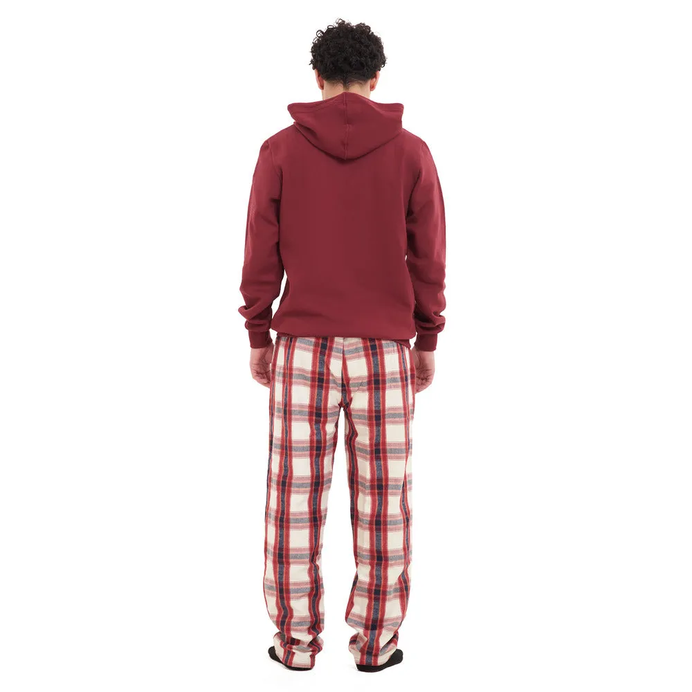 Men Winter Pajama Set Dark Red Hoodie   Dark Red x White Checkered Pants