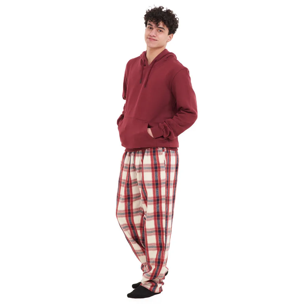 Men Winter Pajama Set Dark Red Hoodie   Dark Red x White Checkered Pants