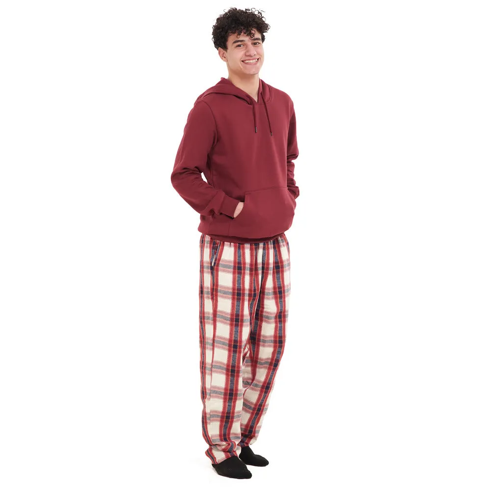 Men Winter Pajama Set Dark Red Hoodie   Dark Red x White Checkered Pants