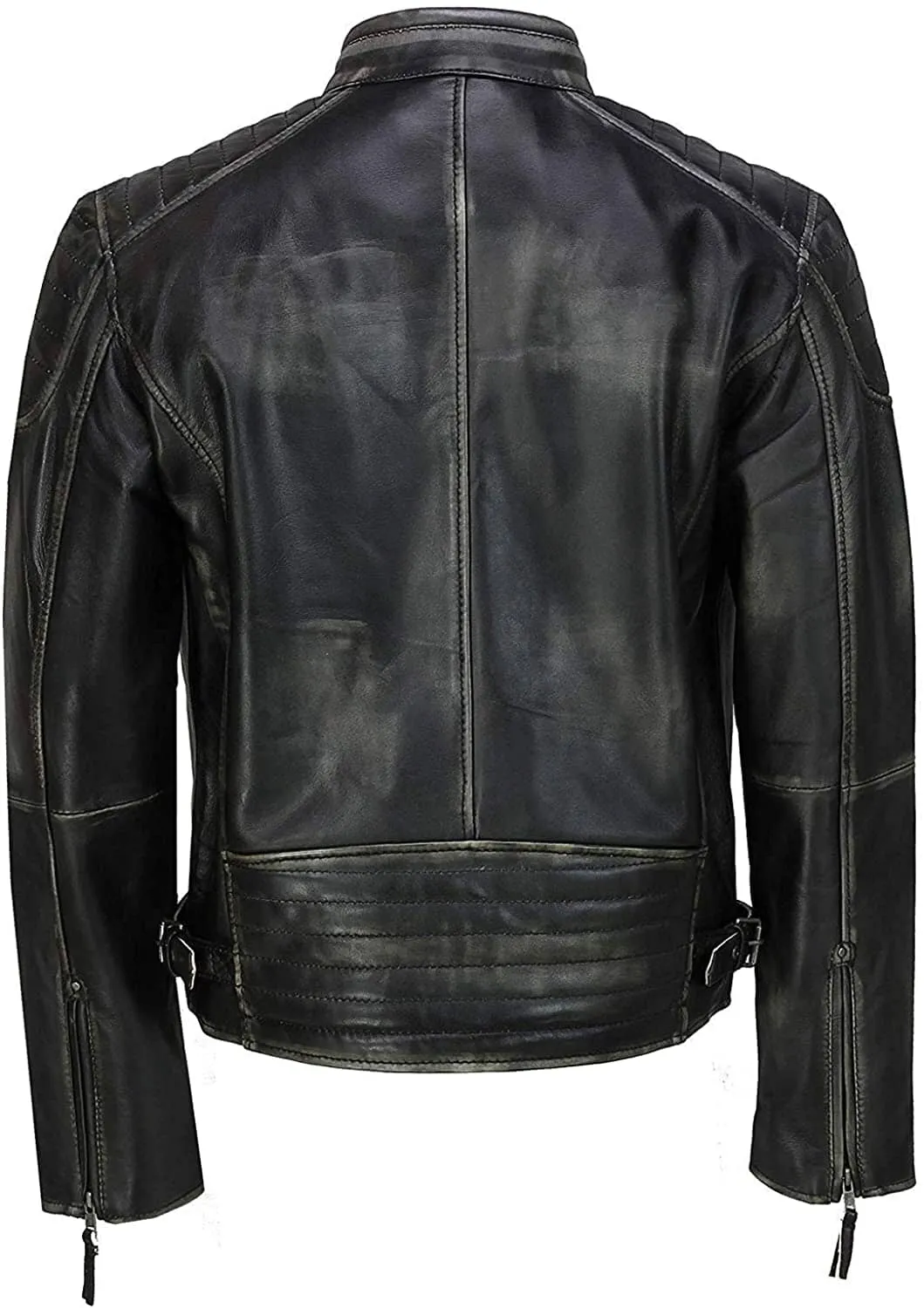 Mens Black Distressed Cafe Racer Leather Jacket