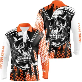 Mens Golf Long Sleeve Polo Shirts Golf Skull Golf Clothes For Men, Golf Gifts For Men Orange