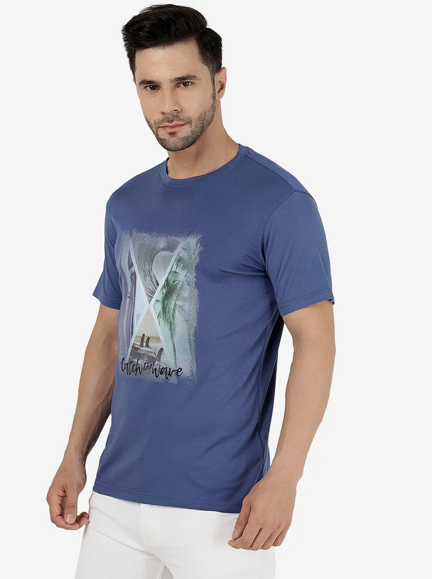 Moroccan Blue Printed Slim Fit T-Shirt | JadeBlue