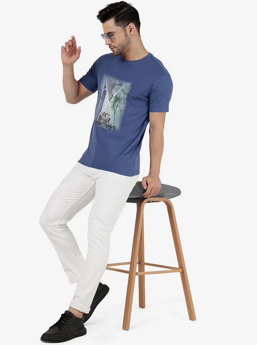 Moroccan Blue Printed Slim Fit T-Shirt | JadeBlue