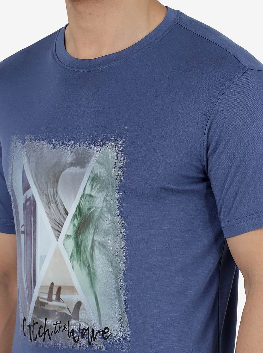 Moroccan Blue Printed Slim Fit T-Shirt | JadeBlue