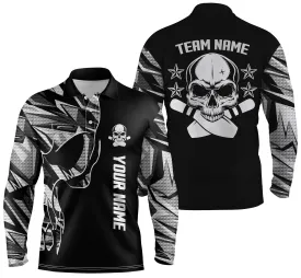 Multi Color Bowling Long Sleeve Polo Shirts For Men Custom Name And Team Name Skull Bowling, Team Bowling Shirts