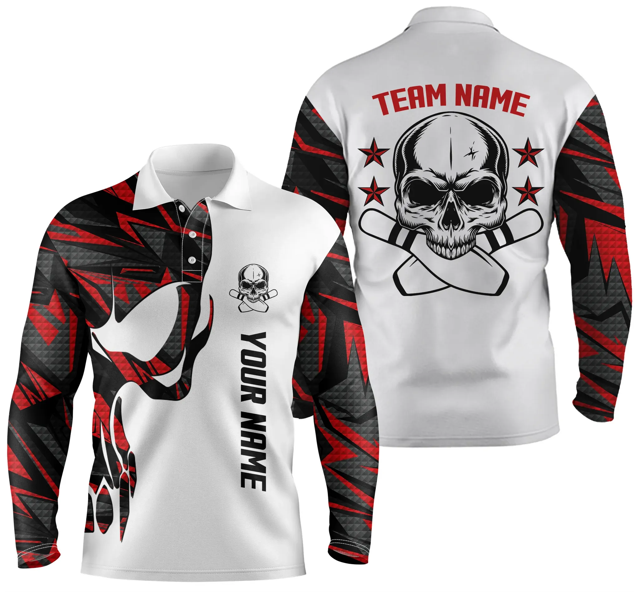 Multi Color Bowling Long Sleeve Polo Shirts For Men Custom Name And Team Name Skull Bowling, Team Bowling Shirts