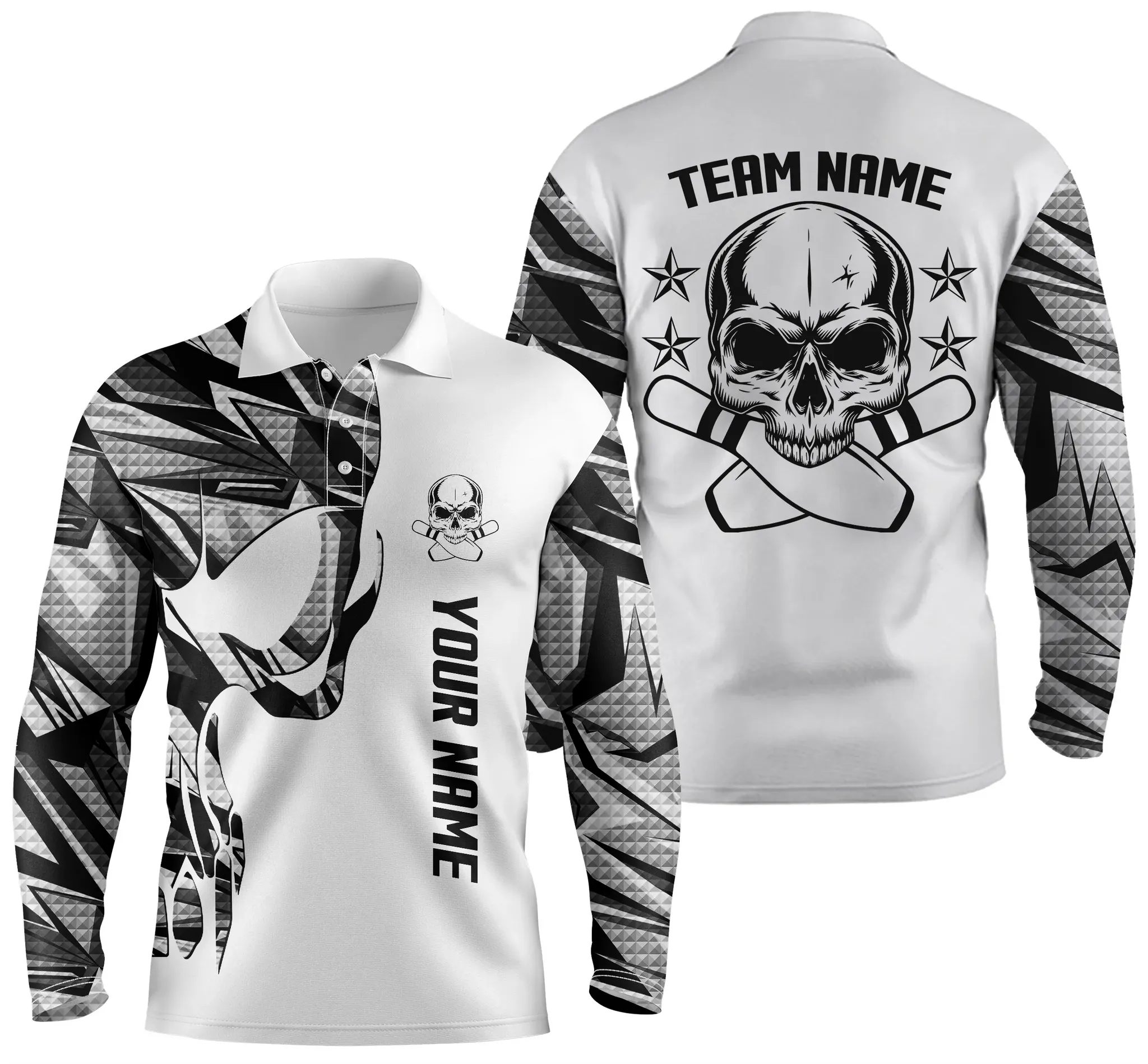 Multi Color Bowling Long Sleeve Polo Shirts For Men Custom Name And Team Name Skull Bowling, Team Bowling Shirts