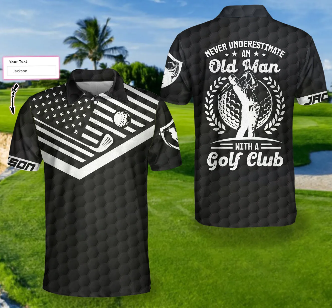 Never Underestimate An Old Man Custom Polo Shirt, Personalized Black American Flag Golf Shirt For Men Coolspod