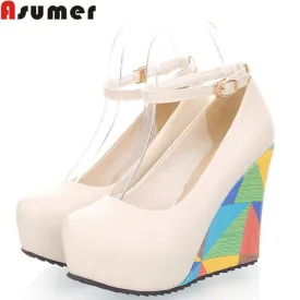 New arrival fashion sexy wedges high heels women pumps PU leather ladies peep toe wedding shoes woman