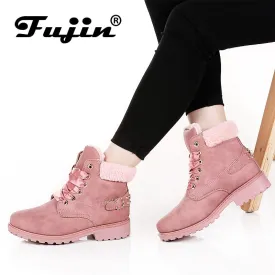 New Pink Women Boots Lace up Solid Casual Ankle Boots Booties Round Toe Women Shoes winter snow boots warm british style