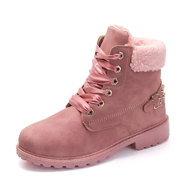 New Pink Women Boots Lace up Solid Casual Ankle Boots Booties Round Toe Women Shoes winter snow boots warm british style