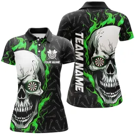 Personalized 3D Green Skull Flame Dart Polo Shirts Custom Dart Shirts For Women