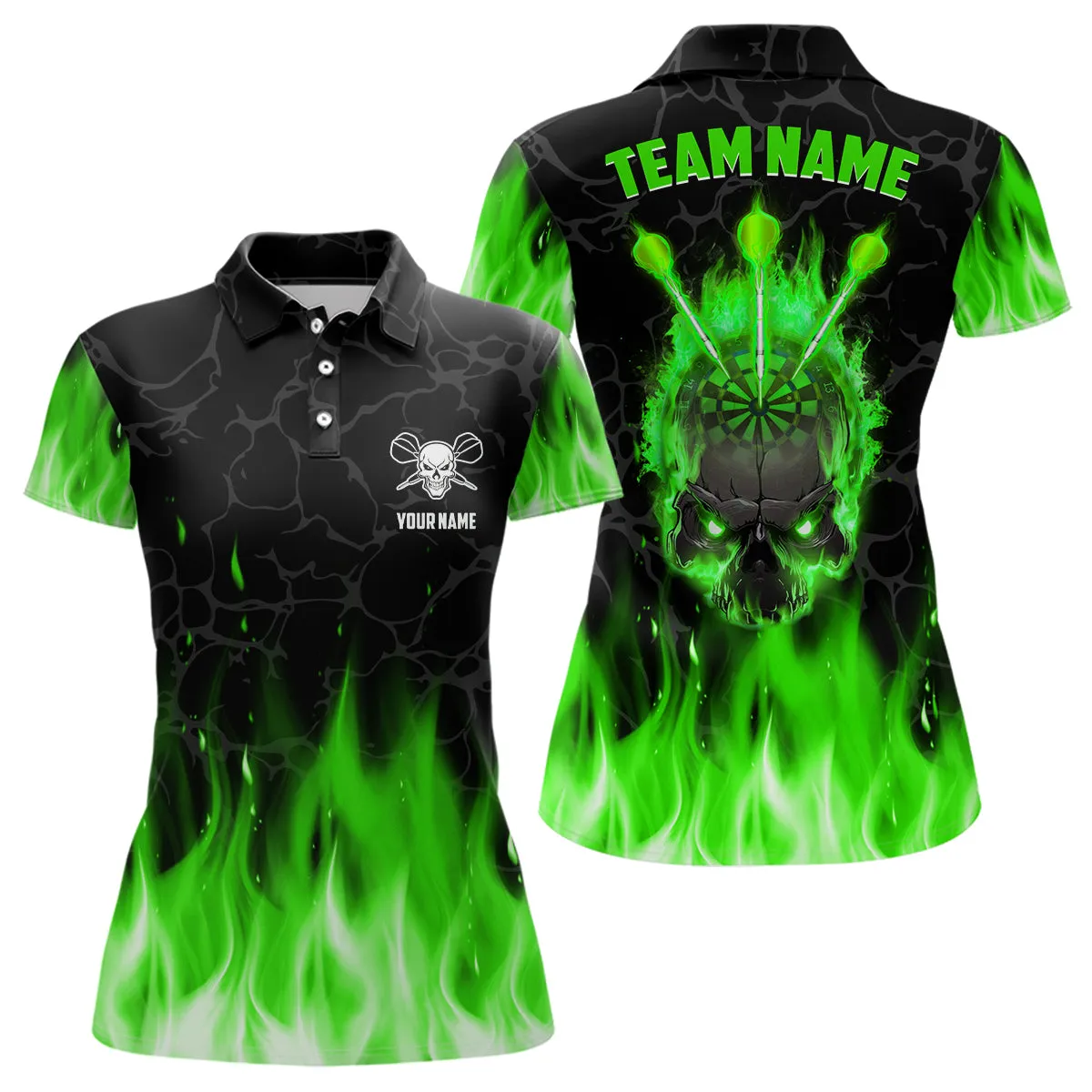 Personalized 3D Green Skull Flame Dart Polo Shirts Custom Dart Shirts For Women