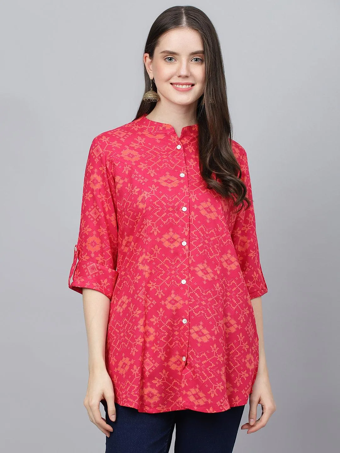 Pink Abstract Printed Rayon A-Line Shirts Style Top