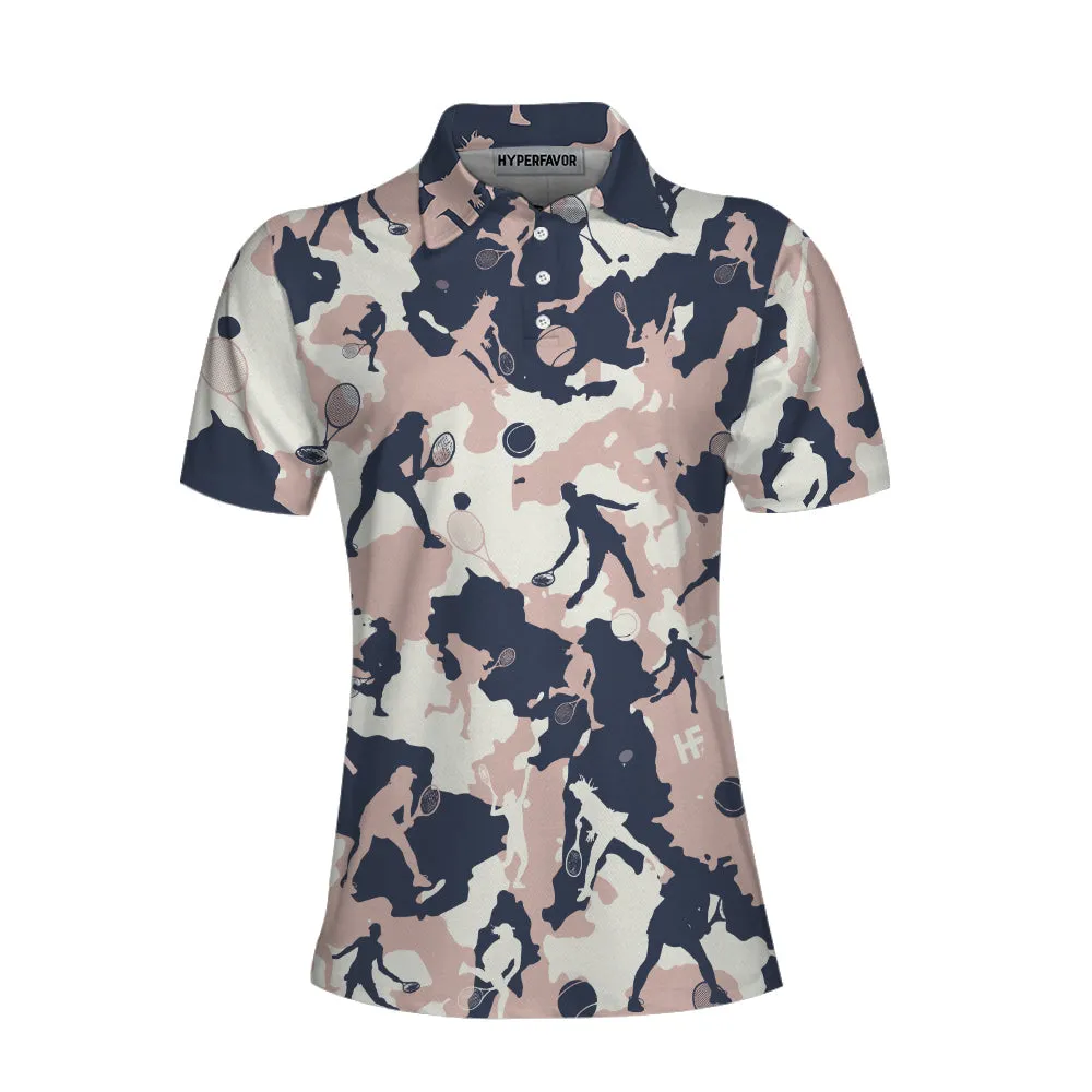 Pink Camouflage Tennis Girl V2 Short Sleeve Women Polo Shirt, Camo Tennis Shirt For Ladies Coolspod