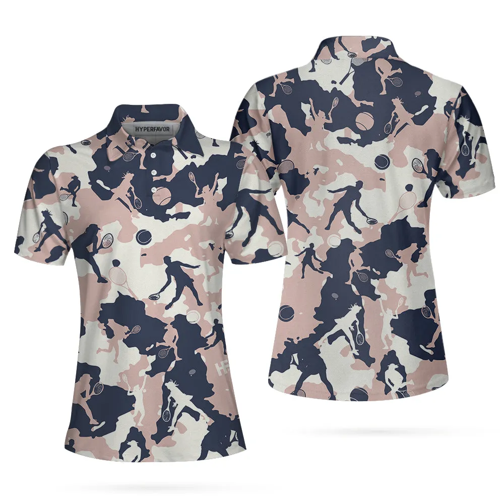 Pink Camouflage Tennis Girl V2 Short Sleeve Women Polo Shirt, Camo Tennis Shirt For Ladies Coolspod