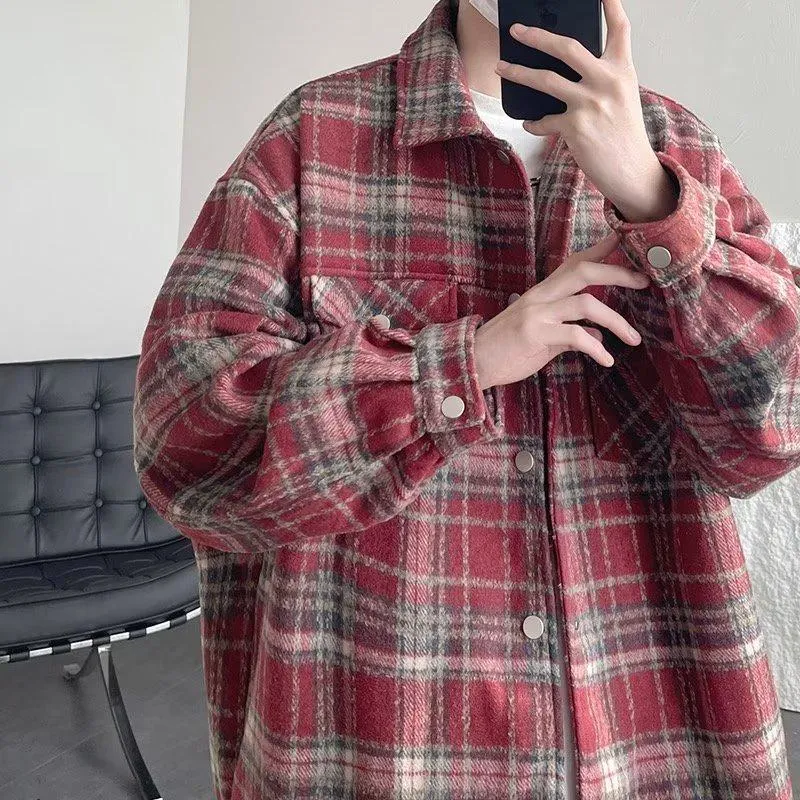 Plaid Loose-Fit Artistic Lapel Lazy Woolen Simplicity Long Sleeve Shirt