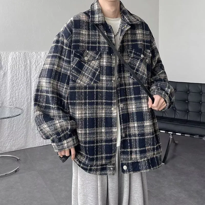 Plaid Loose-Fit Artistic Lapel Lazy Woolen Simplicity Long Sleeve Shirt