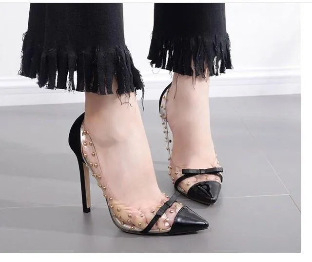 Plus Size 41 Women Pumps Transparent Clear PVC Rivet Bow High heel Stiletto Fashion Shoes Woman Patchwork Sexy Pumps