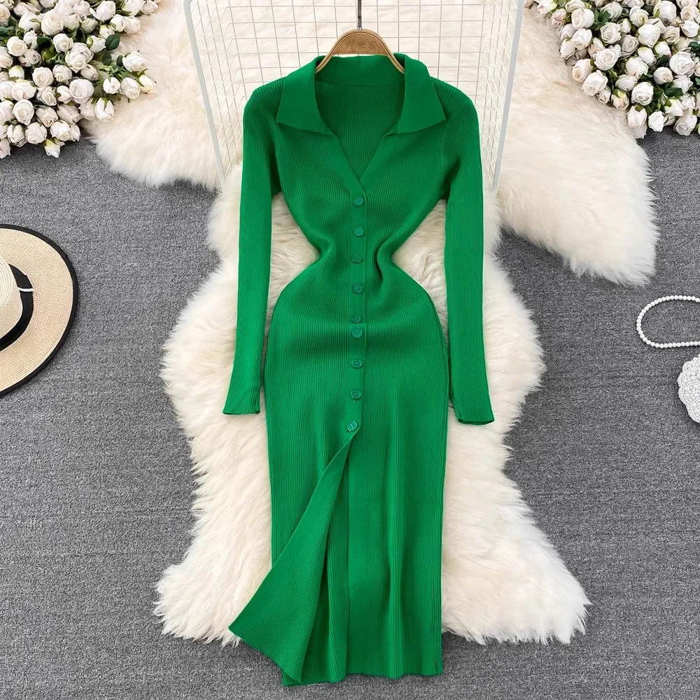 Polo Neck Long Sleeve Knitted Dress       S4163