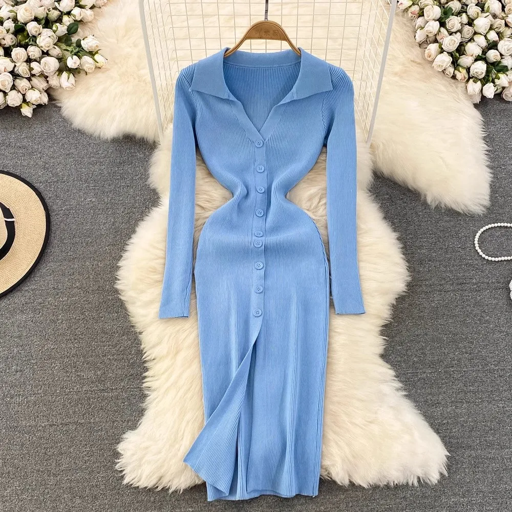 Polo Neck Long Sleeve Knitted Dress       S4163