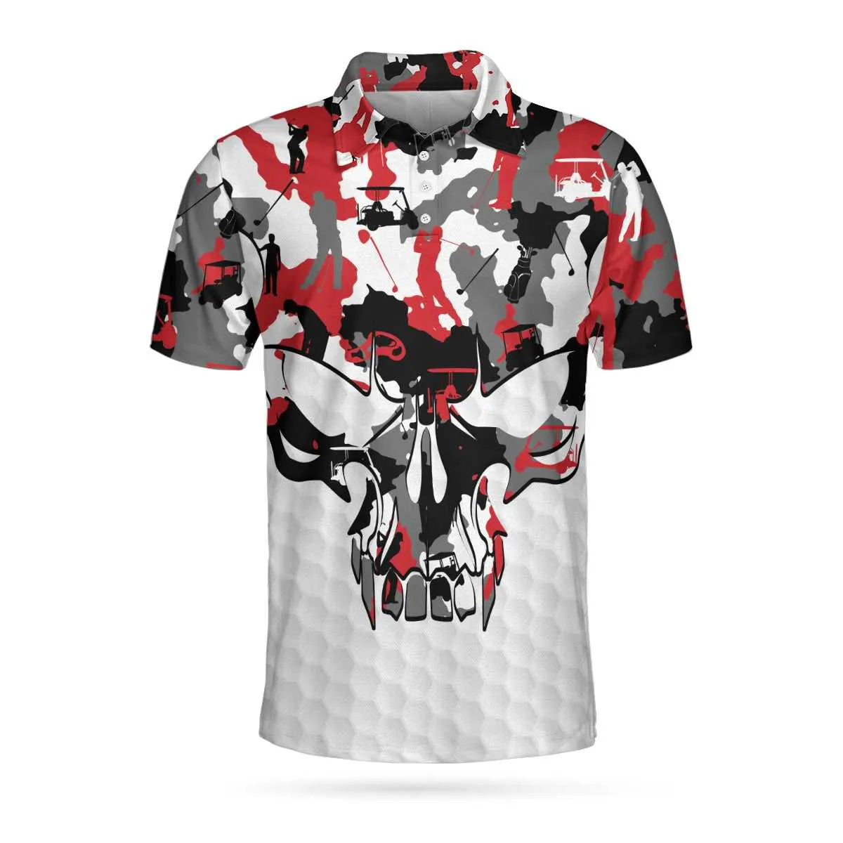 Red And White Camouflage Golf Set Skull Short Sleeve Polo Shirt, Camo Golf Shirt For Men Coolspod