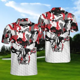 Red And White Camouflage Golf Set Skull Short Sleeve Polo Shirt, Camo Golf Shirt For Men Coolspod