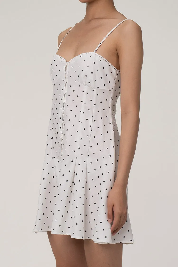 Retro Polka Dot Spaghetti Strap Button Down Lace Up Pleated Mini Sundress