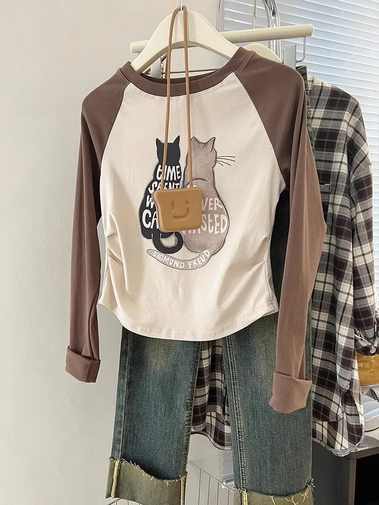 Retro Short Irregular Long Sleeve T-shirt Women's  Top     S3423