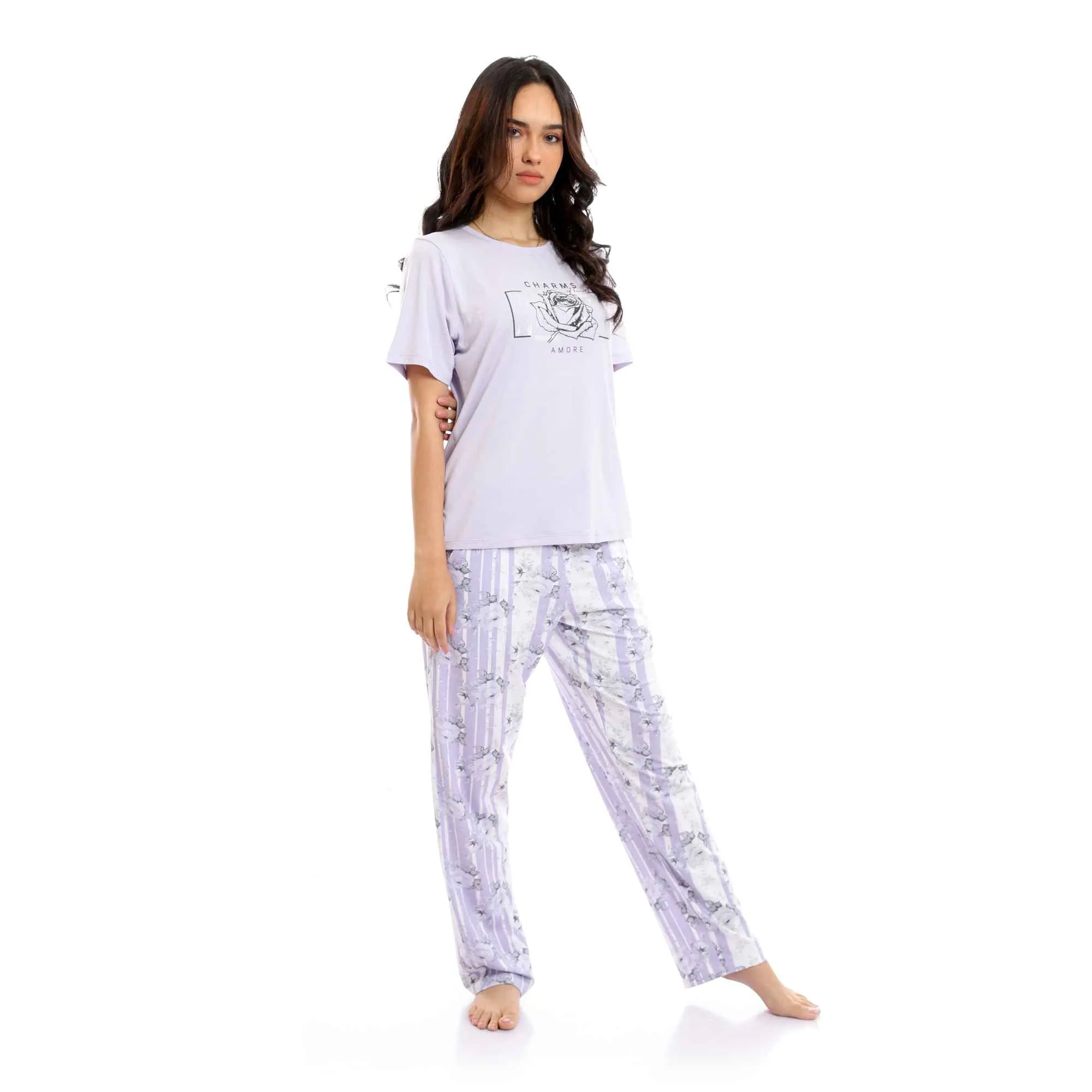 Round Neck Tee & Patterned Pants Pajama Set - Light Purple & White