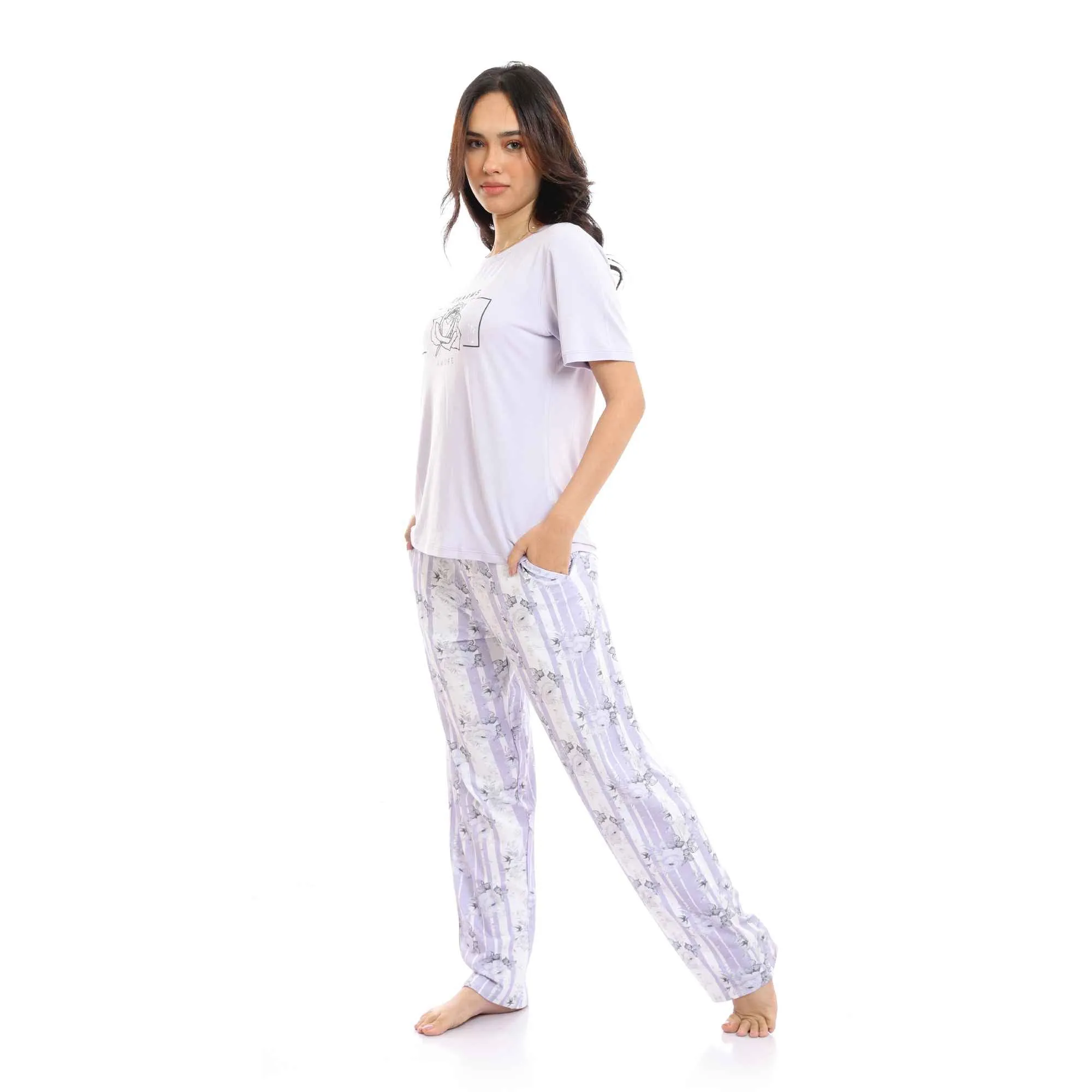 Round Neck Tee & Patterned Pants Pajama Set - Light Purple & White