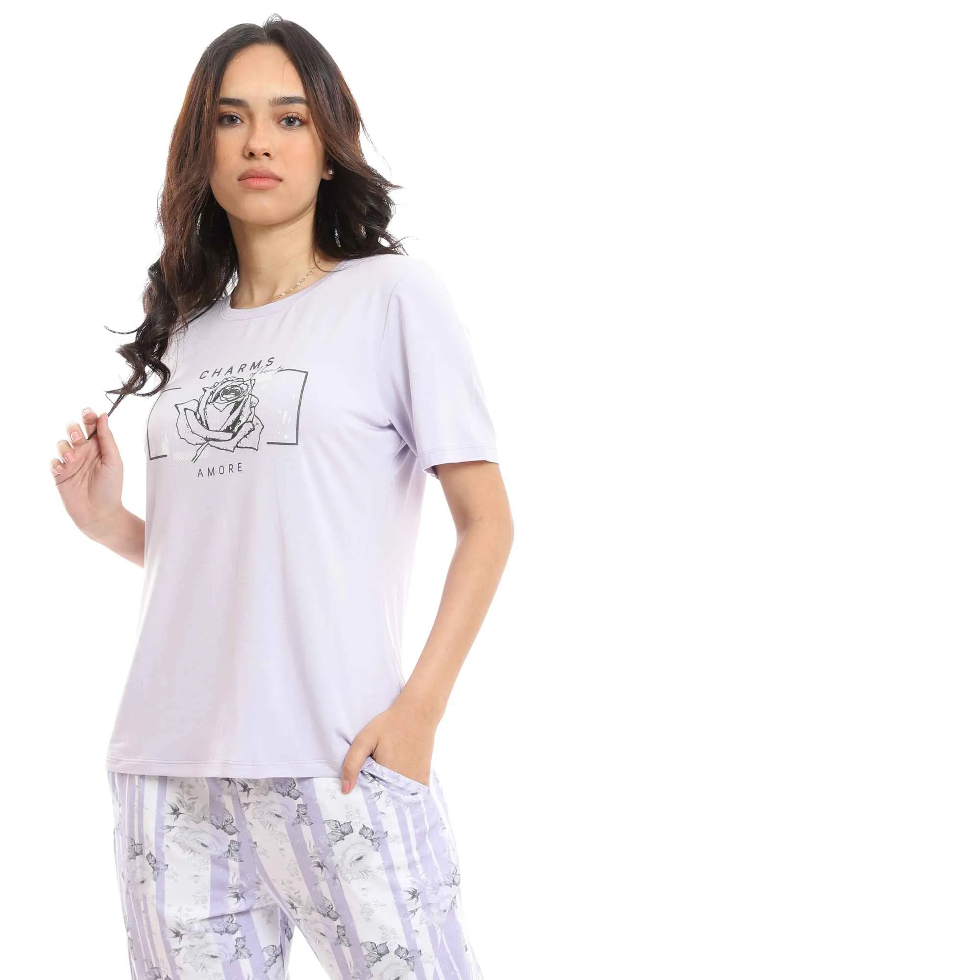 Round Neck Tee & Patterned Pants Pajama Set - Light Purple & White