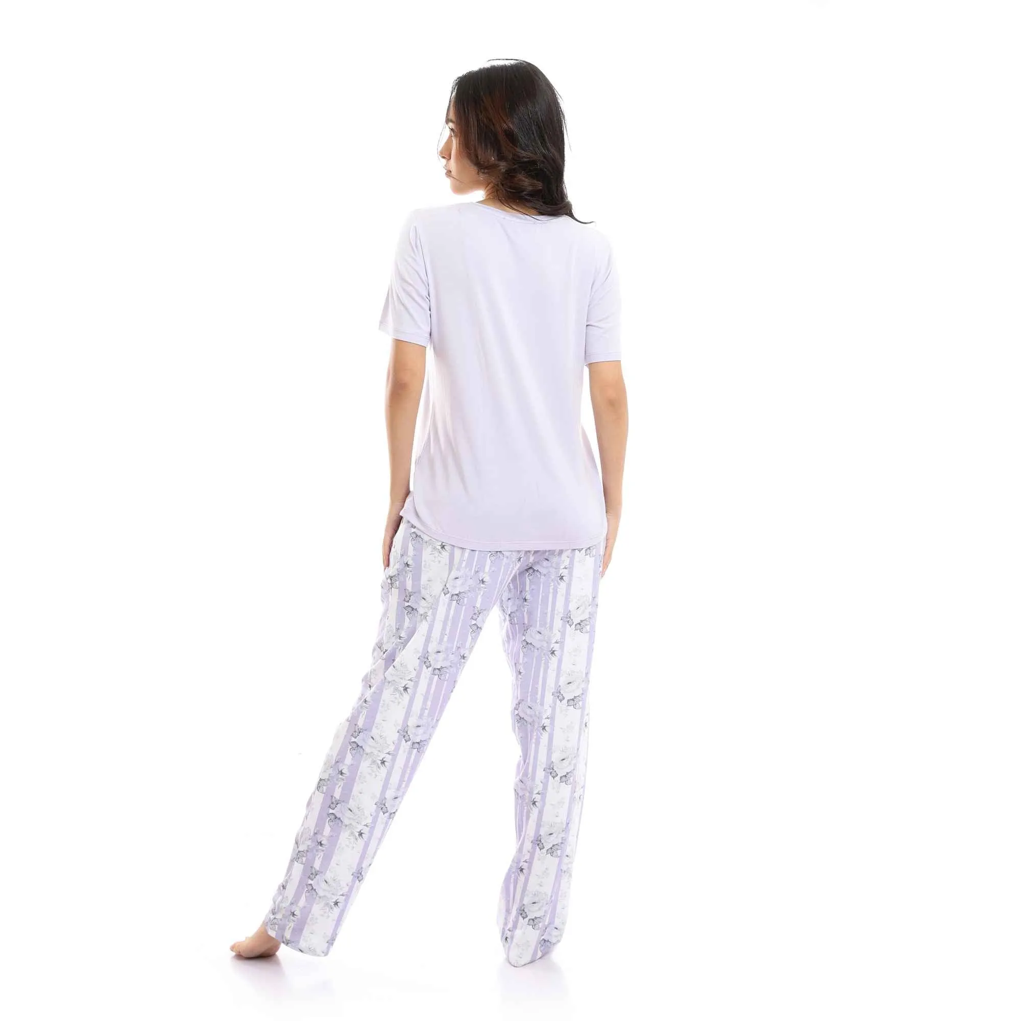 Round Neck Tee & Patterned Pants Pajama Set - Light Purple & White