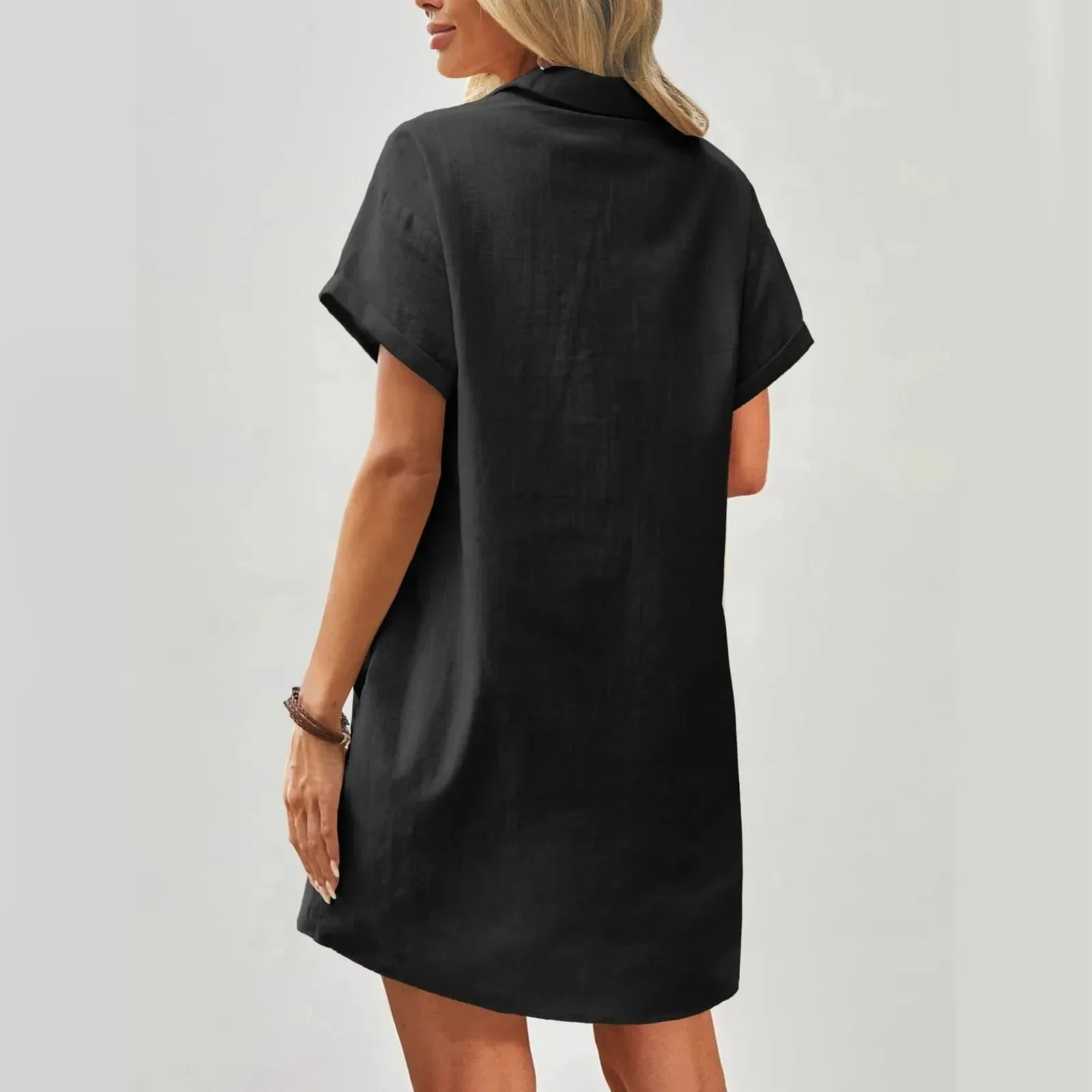 Solid Color Short Sleeve A-Line Loose Button Plus Size Fashion Summer Midi Casual Dress