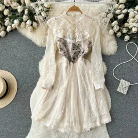 Spring and Autumn Retro Lace Dress Mid Length Fairy Lace Dress    S4941