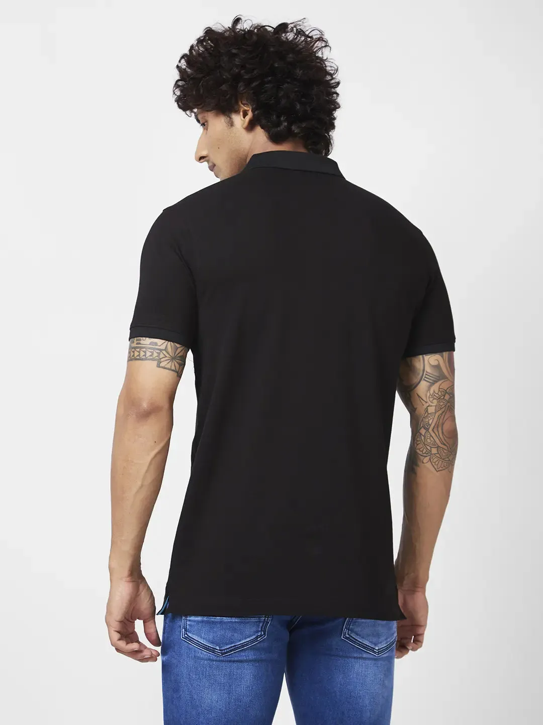 Spykar Men Black Blended Slim Fit Half Sleeve Polo Neck Casual Plain Polo Tshirt