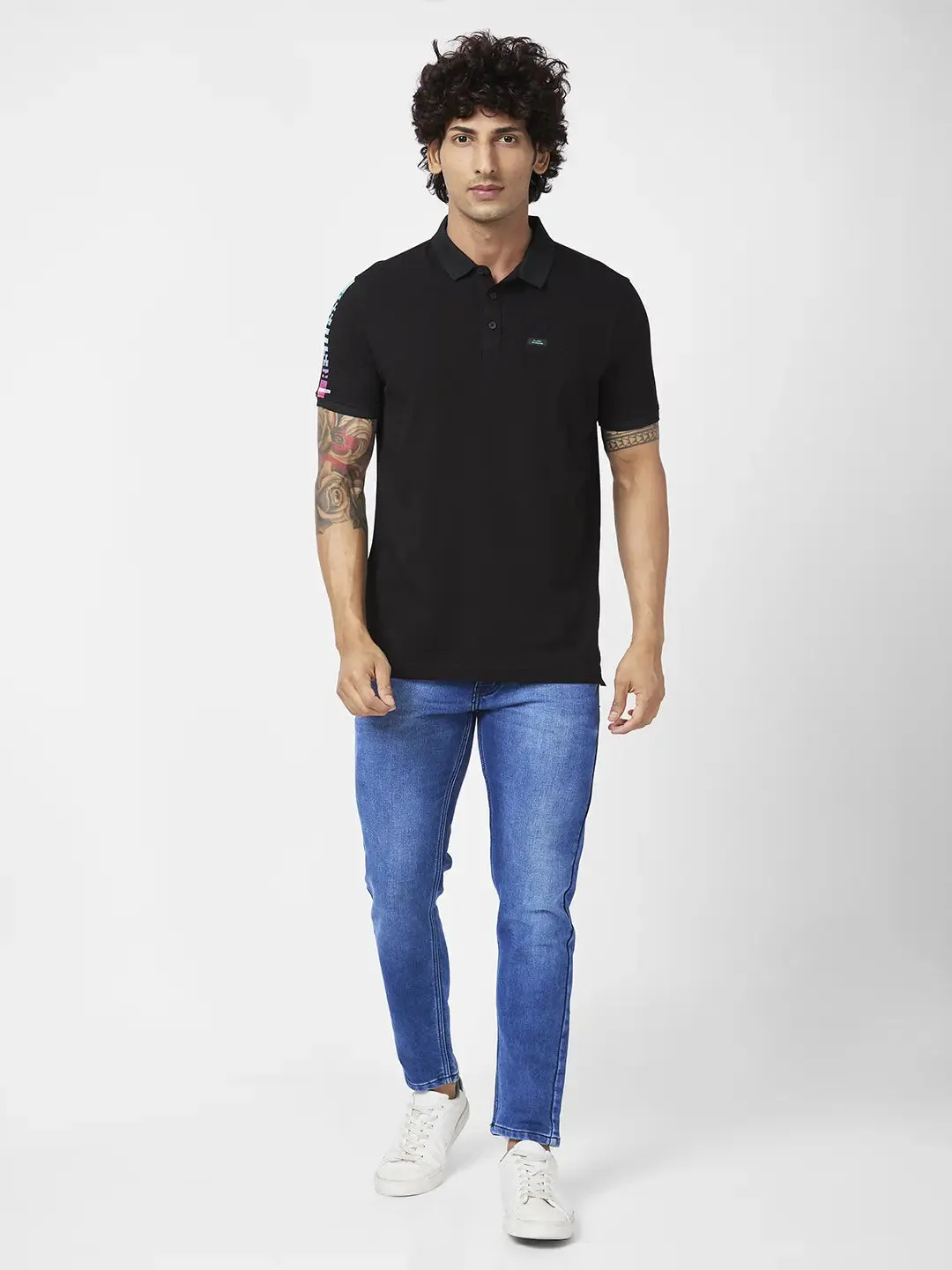 Spykar Men Black Blended Slim Fit Half Sleeve Polo Neck Casual Plain Polo Tshirt