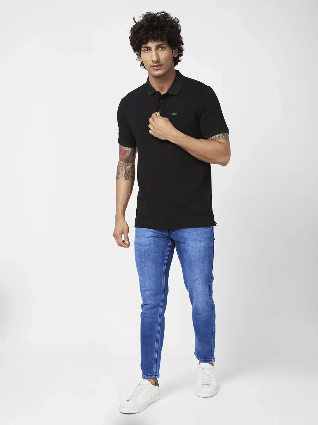 Spykar Men Black Blended Slim Fit Half Sleeve Polo Neck Casual Plain Polo Tshirt