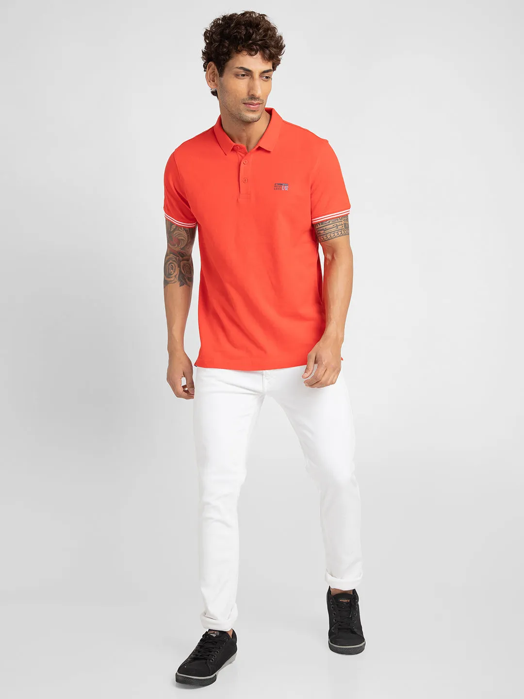 Spykar Men Deep Coral Cotton Slim Fit Plain Polo Neck Tshirt